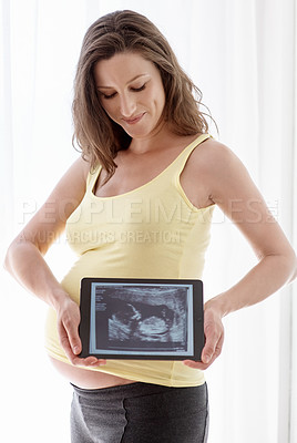 Buy stock photo Shot of a young pregnant woman holding a digital tablet with her ultrasound on the screen