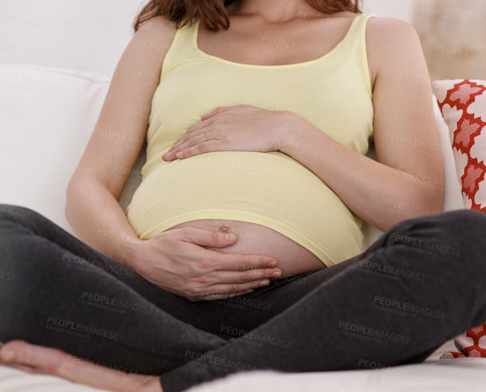 Buy stock photo Relax, belly and pregnant woman on sofa in house for bonding, rest and prenatal connection. Health, wellness and female person holding pregnancy stomach for maternity break in living room at home.