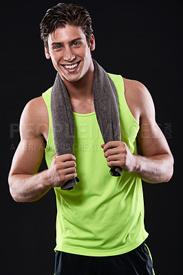 Buy stock photo Fitness, portrait and happy man in studio with towel for sweat, workout and pride for wellness. Exercise, health and athlete by black background for results, muscles and smile with bodybuilder 