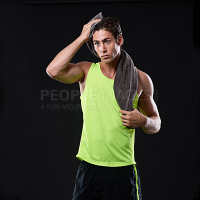 Buy stock photo Fitness, thinking and man with towel in studio for sweat, workout and exercise for confidence. Wellness, health and bodybuilder with muscles, pride and progress for performance by black background   