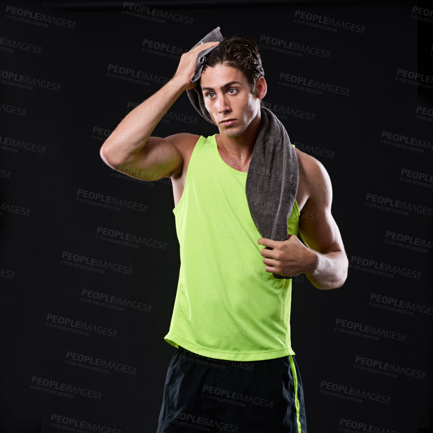 Buy stock photo Fitness, thinking and man with towel in studio for sweat, workout and exercise for confidence. Wellness, health and bodybuilder with muscles, pride and progress for performance by black background   