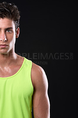 Buy stock photo Fitness, portrait and strong man in studio with mockup space for workout, wellness and pride. Exercise, health and athlete by black background for results, muscles and sweat, bodybuilder and sports