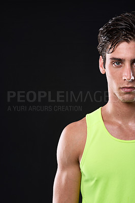 Buy stock photo Fitness, serious and portrait of man in studio with bodybuilding, health and body workout. Sports, half face and male athlete with exercise or training for muscles by black background with mockup.