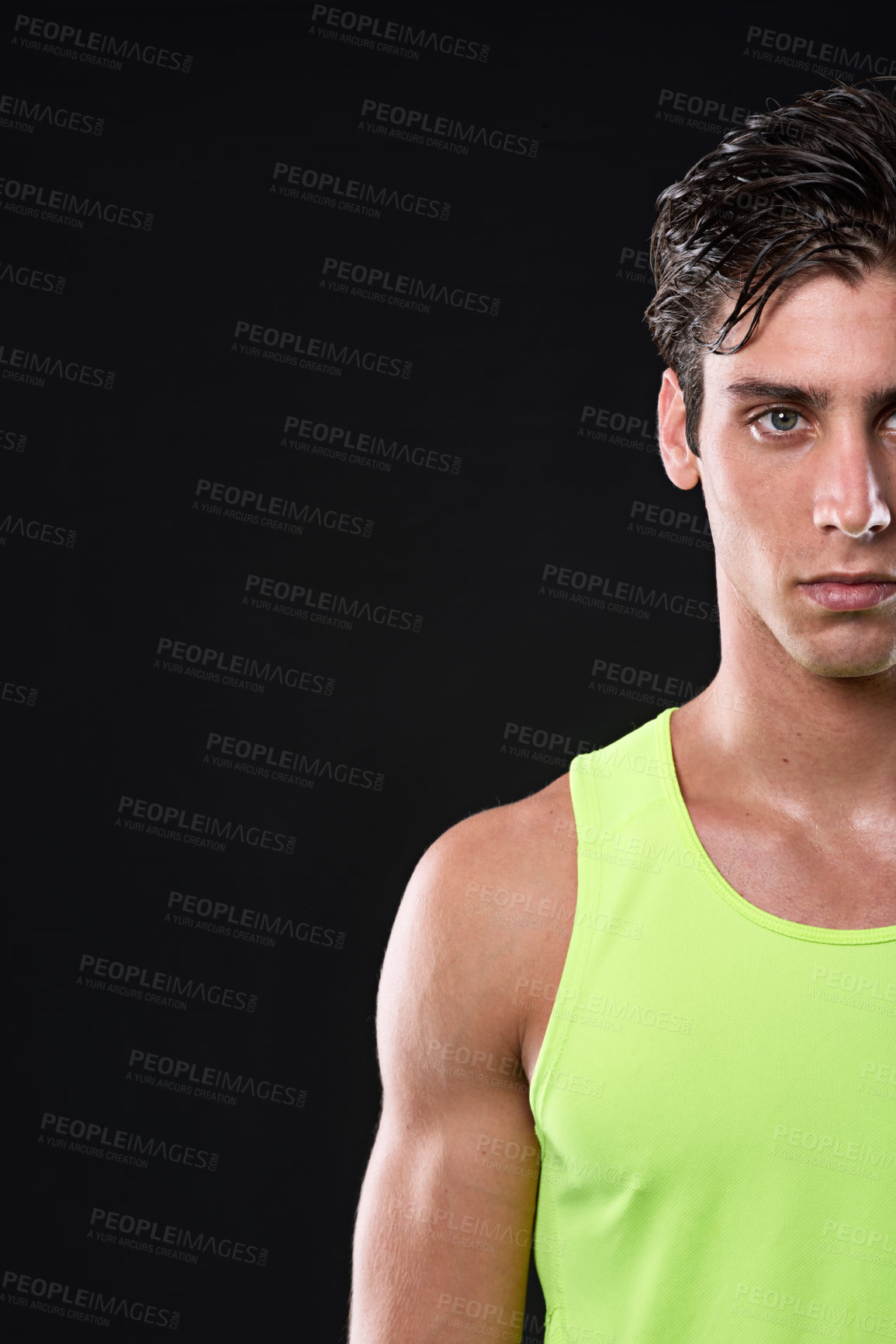 Buy stock photo Fitness, serious and portrait of man in studio with bodybuilding, health and body workout. Sports, half face and male athlete with exercise or training for muscles by black background with mockup.