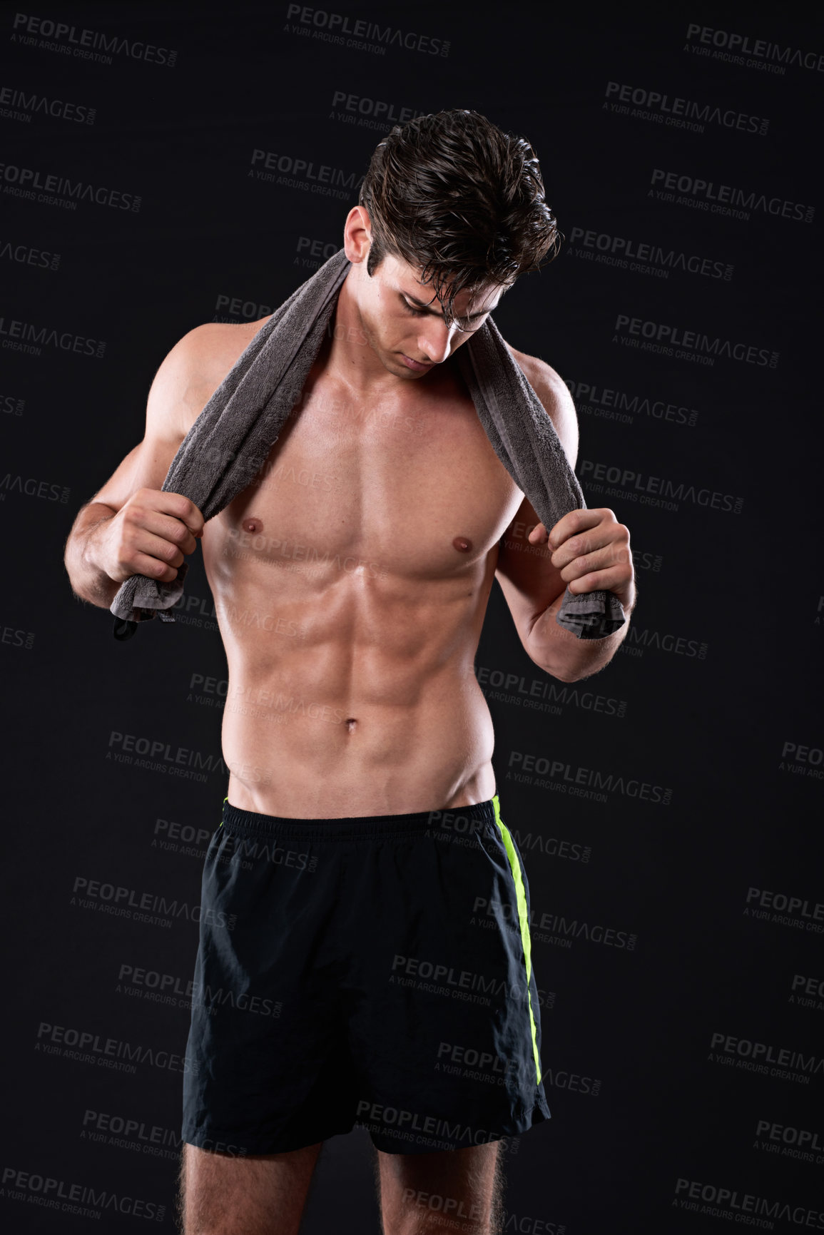 Buy stock photo Body, fitness and towel with sports man in studio isolated on black background for health or wellness. Exercise, muscle or power with shirtless and strong athlete in dark for training or workout