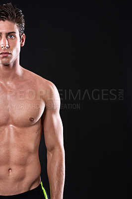 Buy stock photo Body, fitness and mockup with portrait of man in studio isolated on black background for health or wellness. Exercise, muscle and space with shirtless or strong athlete in dark for training workout