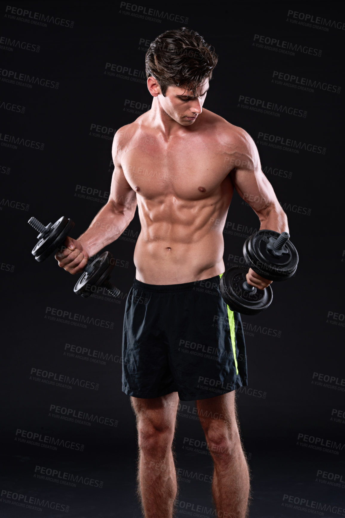 Buy stock photo Bodybuilding, dumbbells and fitness with sports man in studio isolated on black background for health or wellness. Exercise, muscle or weights with shirtless bodybuilder in dark for training workout