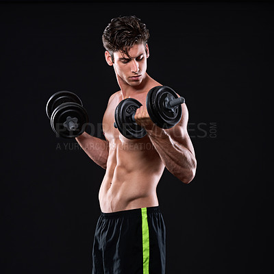 Buy stock photo Body, dumbbell and workout with sports man in studio isolated on black background for health or wellness. Exercise, muscle or weight training with shirtless and strong athlete in dark for fitness