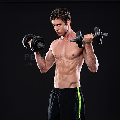 Buy stock photo Bodybuilding, dumbbell and fitness with sports man in studio isolated on black background for health or wellness. Exercise, heavy or weight with serious and shirtless athlete in dark for training