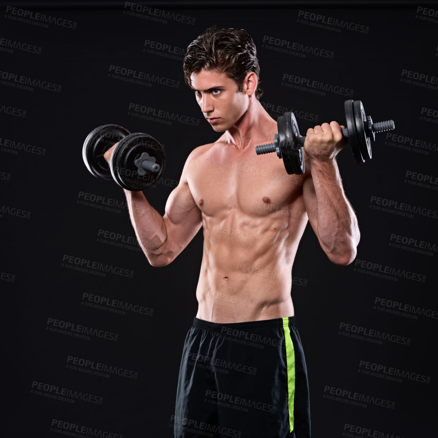 Buy stock photo Bodybuilding, dumbbell and fitness with sports man in studio isolated on black background for health or wellness. Exercise, heavy or weight with serious and shirtless athlete in dark for training