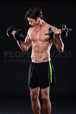 Buy stock photo Body, dumbbell and fitness with man training in studio isolated on black background for health or wellness. Exercise, strong or weightlifting with shirtless athlete in dark for power or workout