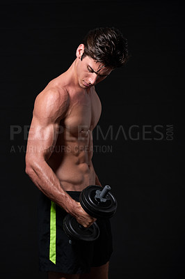 Buy stock photo Arm, dumbbell and exercise with sports man in studio isolated on black background for health or wellness. Bicep, body or fitness with shirtless and strong athlete in dark for weight training workout