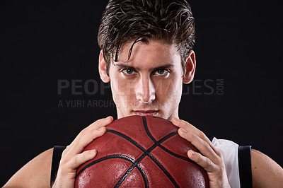 Buy stock photo Sport, basketball and portrait of man in studio with practicing, workout or training for game. Activity, career and male athlete with fitness equipment for match exercise isolated by black background