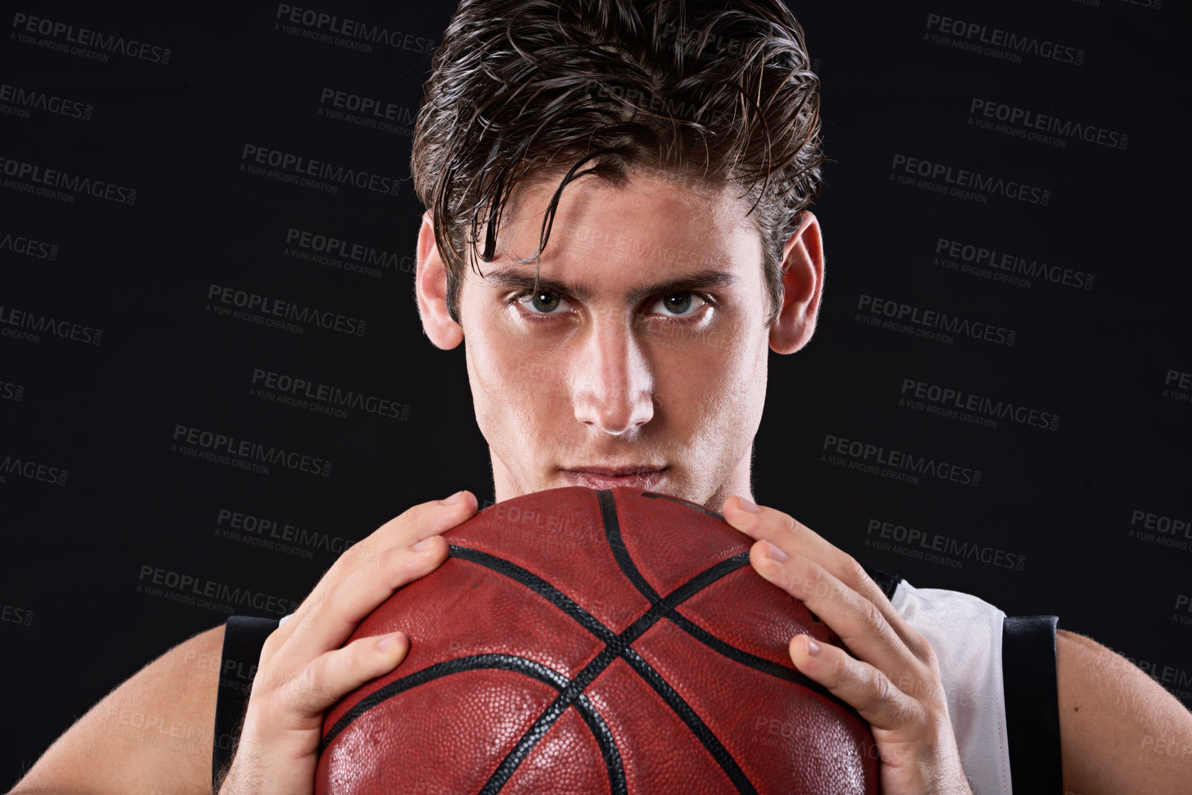 Buy stock photo Sport, basketball and portrait of man in studio with practicing, workout or training for game. Activity, career and male athlete with fitness equipment for match exercise isolated by black background