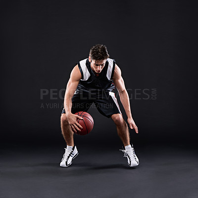 Buy stock photo Sports, basketball and man in practice for fitness, training for draft as athlete or player in workout. Male person, passion and game for exercise, wellness and goal on black background in studio