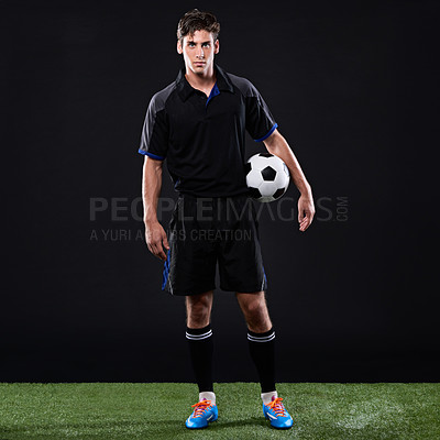 Buy stock photo Portrait of a handsome soccer playing holding his ball