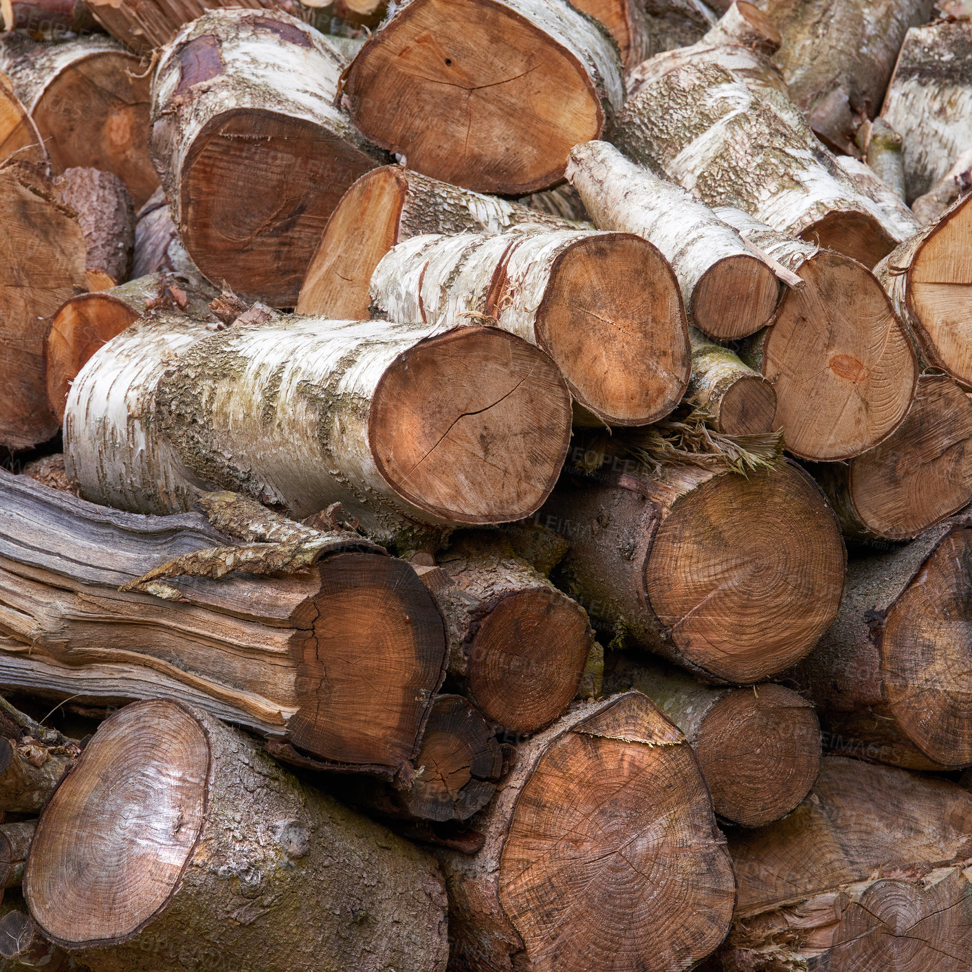 Buy stock photo Wood, pile and outdoor with timber in nature for fuel, heat and material for construction in forest. Stack, tree trunk and carpentry supplier with pattern, textures and sustainability with logging