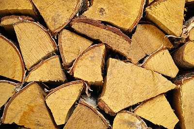 Buy stock photo Firewood, background and nature pattern or environment with tree stump grain, texture or timber. Top view, deforestation and countryside woods or recycle product as lumber pile, branch or ecology