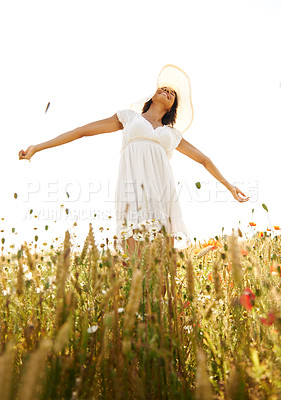 Buy stock photo Smile, freedom and woman with open arms at field outdoor in the countryside in summer. Happy person in nature, eyes closed and relax at farm, breathe fresh air and enjoy vacation, travel and peace