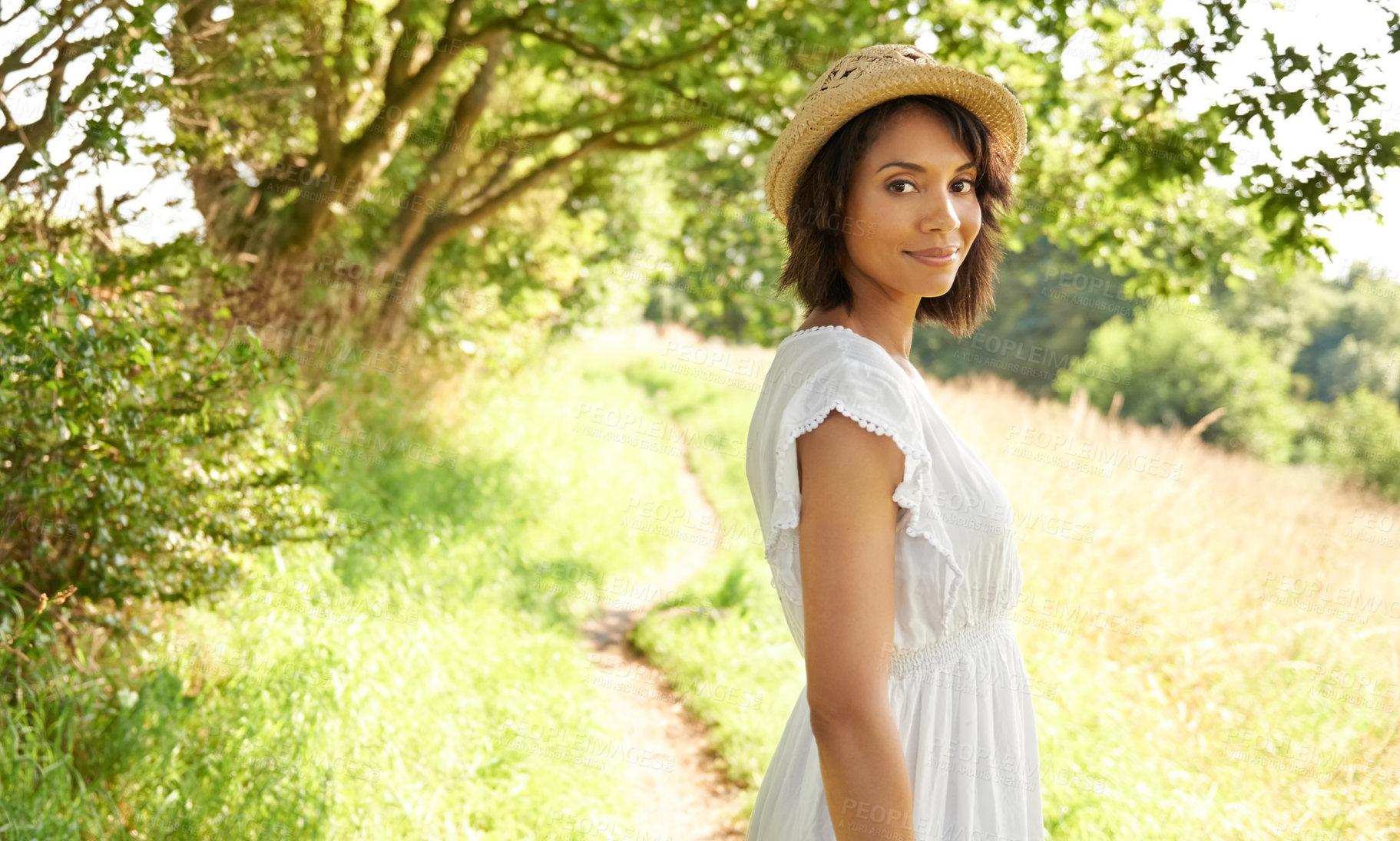 Buy stock photo Portrait, spring or happy woman in park, countryside or nature environment to relax on break. Smile, wellness or person in garden for peace or fresh air on an outdoor holiday vacation or travel