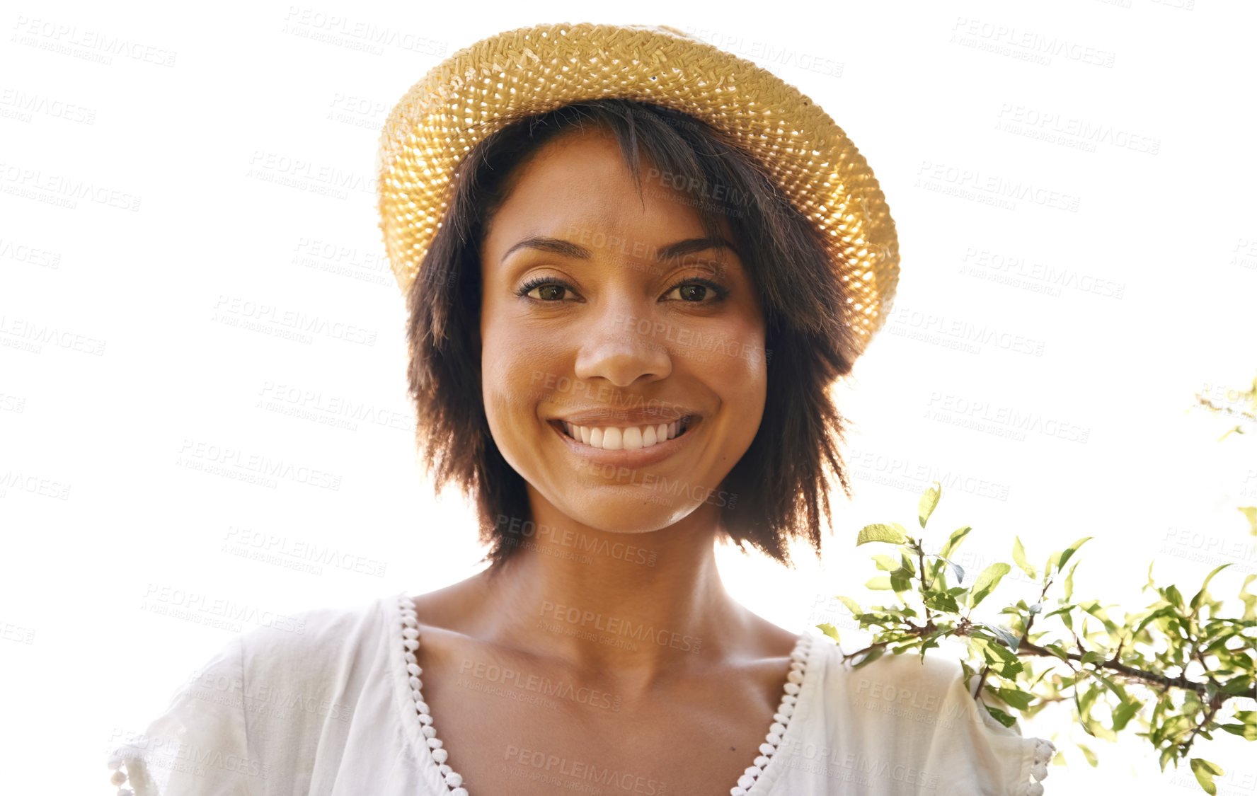 Buy stock photo Portrait, happy and woman in hat, park and countryside in summer, vacation and travel on holiday. Face, smile and young person outdoor in nature at garden for health, wellness and tourism in Brazil.