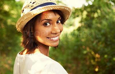 Buy stock photo Portrait of a beautiful woman spending time in the beautiful outdoors