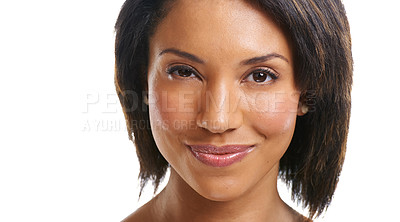 Buy stock photo Happy black woman, portrait and brunette hairstyle on isolated white background in keratin treatment or dye color. Zoom, face and smile facial expression on hair beauty model with makeup cosmetics