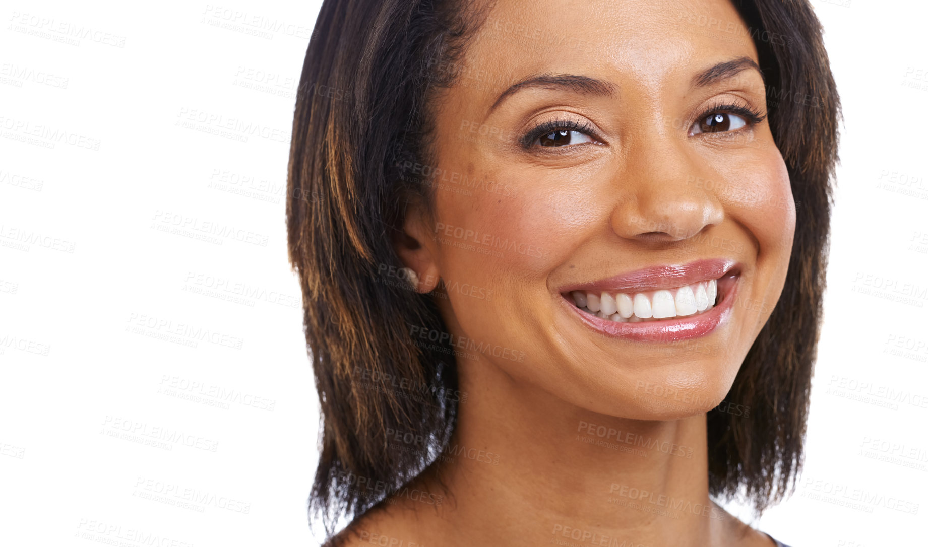 Buy stock photo Happy, smile and portrait of black woman on a white background for cosmetics, healthy teeth and facial. Natural beauty, relax lifestyle and face of beautiful girl with big smile, makeup and confident