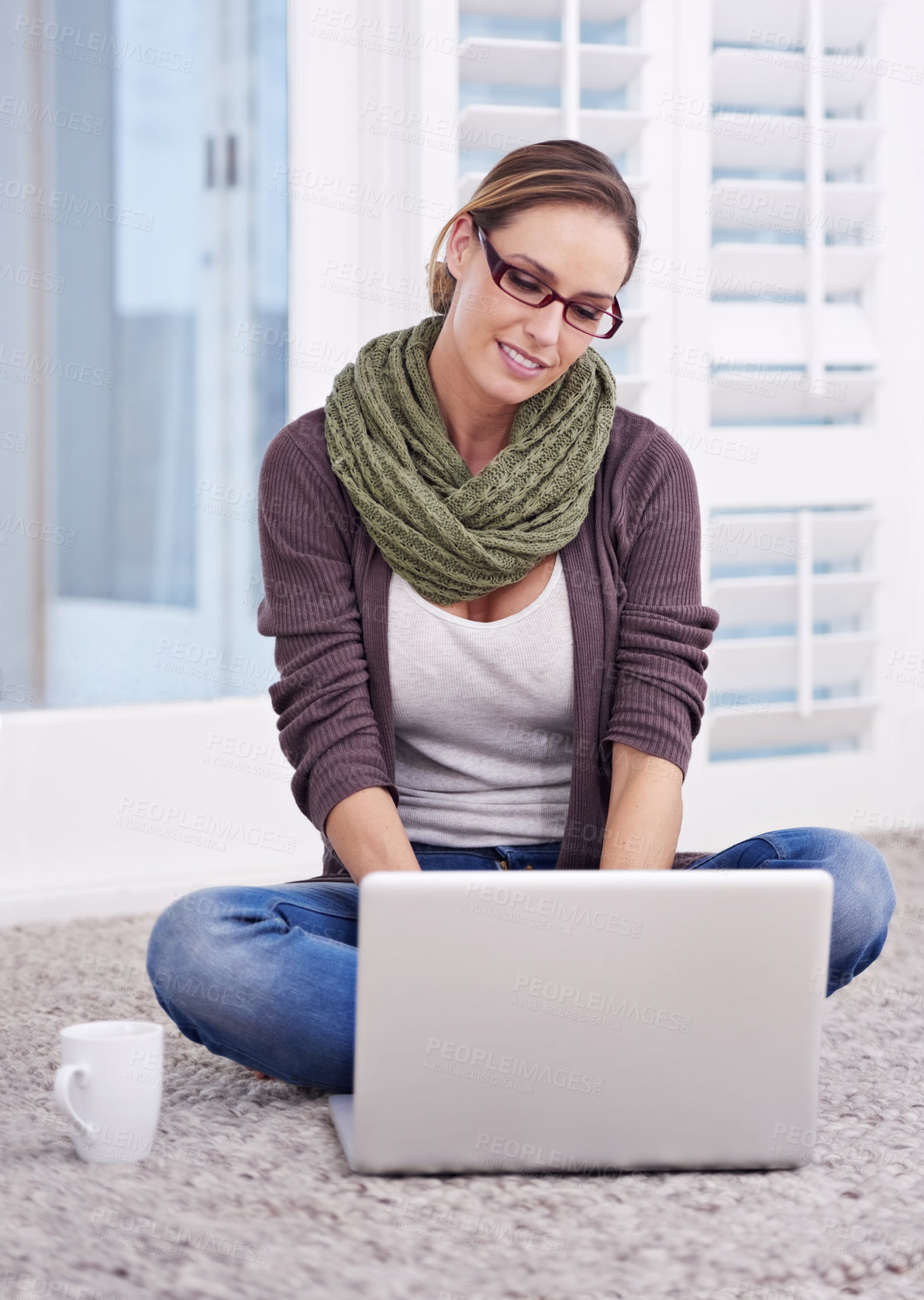 Buy stock photo Woman, laptop on floor and remote work with research, information and writing email for blog with copywriting and tech. Productivity, coffee and happy working from home, freelancing and copywriter