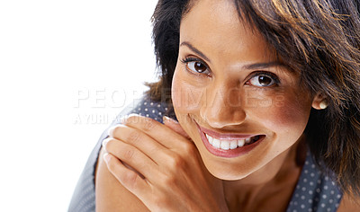 Buy stock photo Happy, face and woman in beauty portrait with skincare, cosmetic care and makeup against white background. Teeth, smile and facial zoom with wellness mockup, dermatology and natural cosmetics glow 