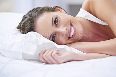 Buy stock photo Woman, resting and portrait in bed on weekend, lazy and comfortable on morning at home. Female person, smiling and satisfaction or peaceful in bedroom, wake up and good mood on vacation or holiday