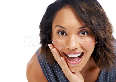 Buy stock photo Wow, surprise and portrait of black woman on a white background for wellness, cosmetics and makeup. Skincare, beauty and face headshot of girl with big smile, confident and omg expression in studio