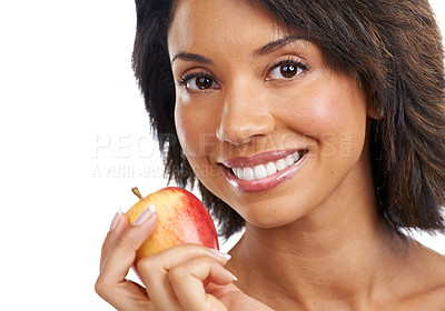 Buy stock photo Portrait, fruit or happy black woman eating an apple in studio on white background with marketing mockup space. Smile, face or African girl advertising healthy food or diet for nutrition for wellness