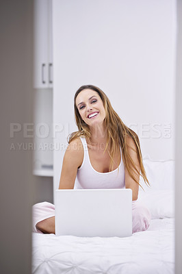 Buy stock photo Woman, bedroom portrait and laptop for planning, search on website and registration or streaming at home. Happy and young person relax on bed with computer for morning news, social media and blog 