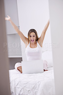 Buy stock photo Woman, winner and success on laptop and bedroom for social media competition, online giveaway or news at home. Excited person with wow, yes and celebration on computer for opportunity, bonus or sale 