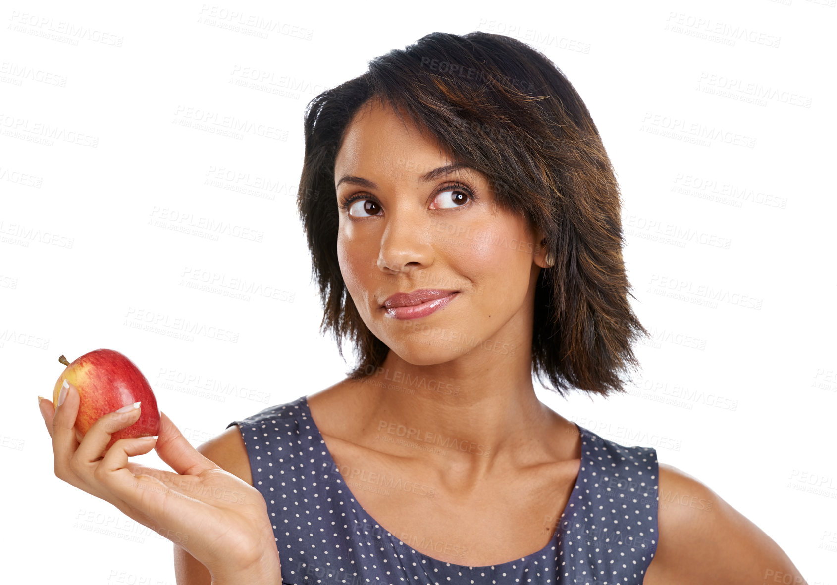 Buy stock photo Fruit, thinking or black woman eating an apple in studio on white background with marketing mockup space. Choices, ideas or thoughtful African girl advertising a healthy natural diet for wellness 