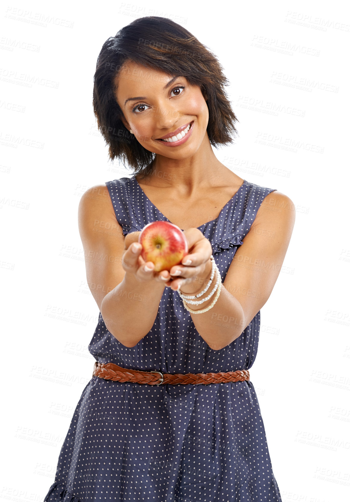 Buy stock photo Portrait, fruits or black woman eating an apple in studio on white background with marketing mockup space. Smile, organic or happy African girl advertising healthy food diet for self care or wellness