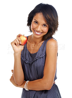 Buy stock photo Portrait, food or black woman eating an apple in studio on white background with marketing mockup space. Smile, organic or happy African girl advertising healthy fruit diet for self care or wellness