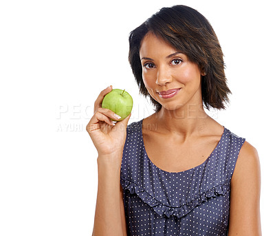 Buy stock photo Woman, studio portrait and apple for diet, lifestyle or low cholesterol with organic snack, health and white background. Black woman, face or green fruit for nutrition, energy or wellness by backdrop