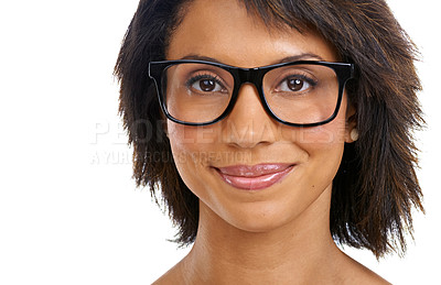 Buy stock photo Happy black woman, portrait or fashion glasses on isolated white background in vision, healthcare wellness or myopia help. Zoom, face or model with optometry eyes wear in medical prescription support