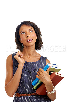 Buy stock photo Teacher thinking, woman with books for reading and teaching with learning and education against white background. Academy, school and learn with knowledge and study, vision and academic motivation