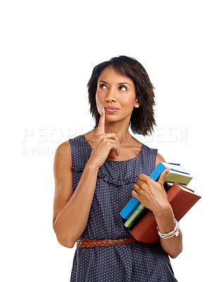 Buy stock photo Woman is thinking with books, teacher and education with teaching and learning against white background. Academy, school and learn with reading, knowledge and study, vision and academic growth