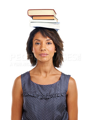 Buy stock photo Portrait, education or black woman with books or balance in studio with marketing mockup space. Headshot, student or African school girl in university or college for study learning or future goals