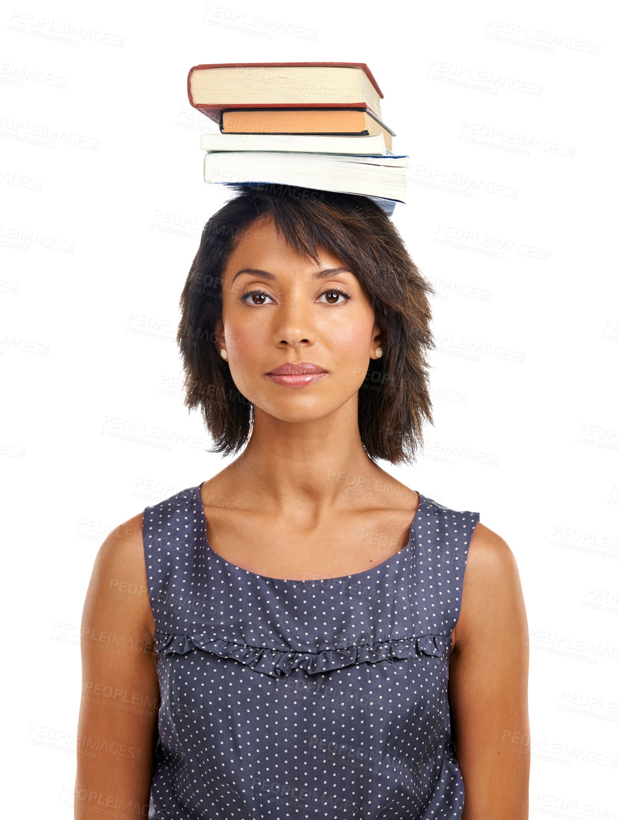 Buy stock photo Portrait, education or black woman with books or balance in studio with marketing mockup space. Headshot, student or African school girl in university or college for study learning or future goals