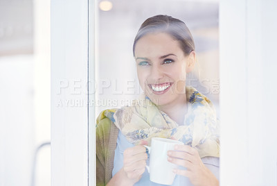 Buy stock photo Coffee, thinking and face of happy woman in window with thoughtful, wonder and relax in home. Morning, breakfast and calm person with glass with mug drinking tea, caffeine and hot beverage in house
