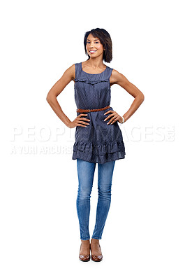 Buy stock photo Black woman, fashion clothes or isolated portrait by white background on trendy, cool or stylish brand mock up. Smile, happy or model advertising clothing and hands on hips on product placement space