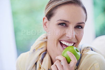 Buy stock photo Portrait, eating or happy woman with apple for healthy or balanced diet with nutrition or vitamins. Face, weight loss or female person with fresh fruit, food or fibre for organic wellness in lounge