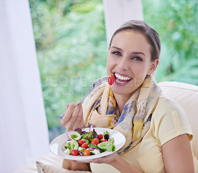 Buy stock photo Woman, eating salad and food for nutrition, vegetables and lunch with happiness in portrait. Diet, wellness and healthy vegan meal for cholesterol with smile, detox and snack for dinner at home