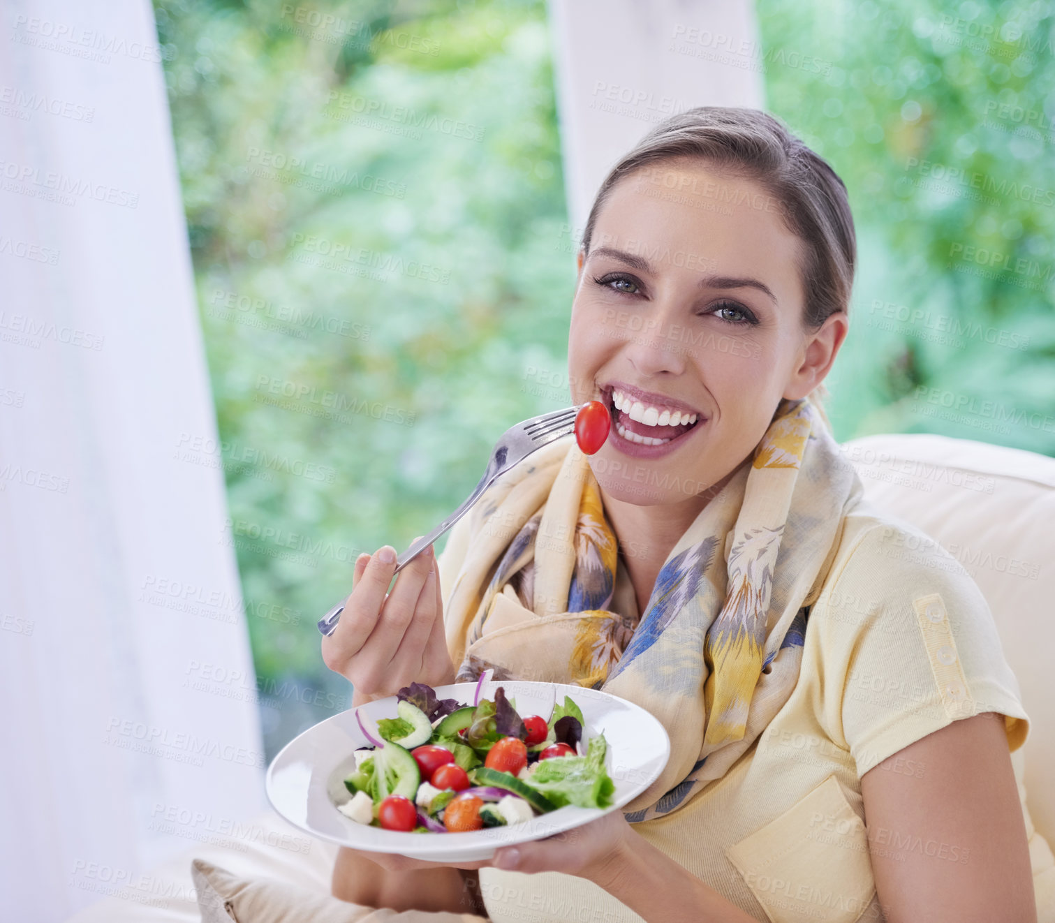 Buy stock photo Woman, eating salad and food for nutrition, vegetables and lunch with happiness in portrait. Diet, wellness and healthy vegan meal for cholesterol with smile, detox and snack for dinner at home