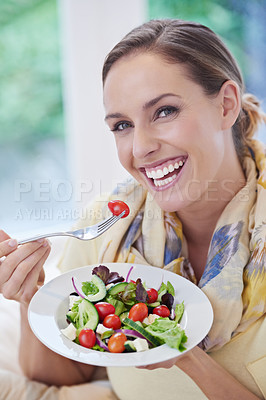 Buy stock photo Woman, eating salad and healthy food for diet, vegetables and lunch with happiness in portrait. Nutrition, wellness and vegan meal to lose weight with smile, detox and snack for dinner at home